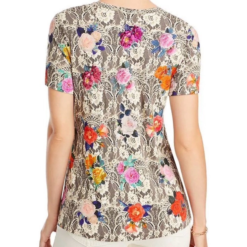 Johnny Was Pink and Orange Short Sleeve Graphic Blouse